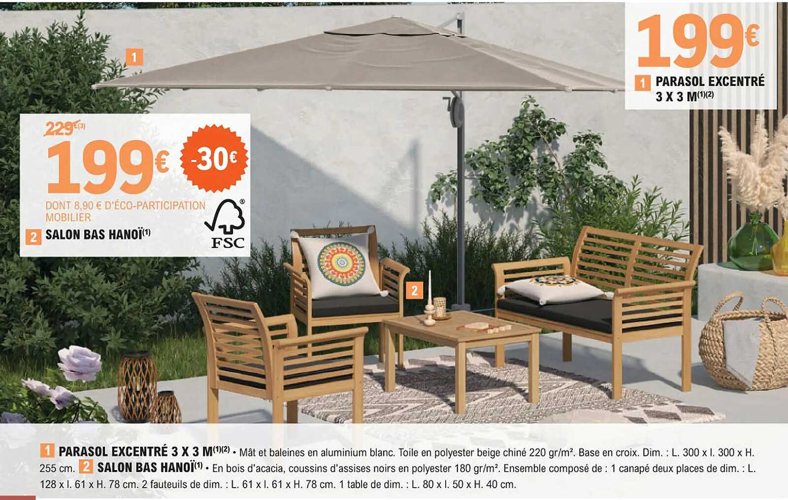 parasol excentré 3 x 3 m, salon bas hanoï