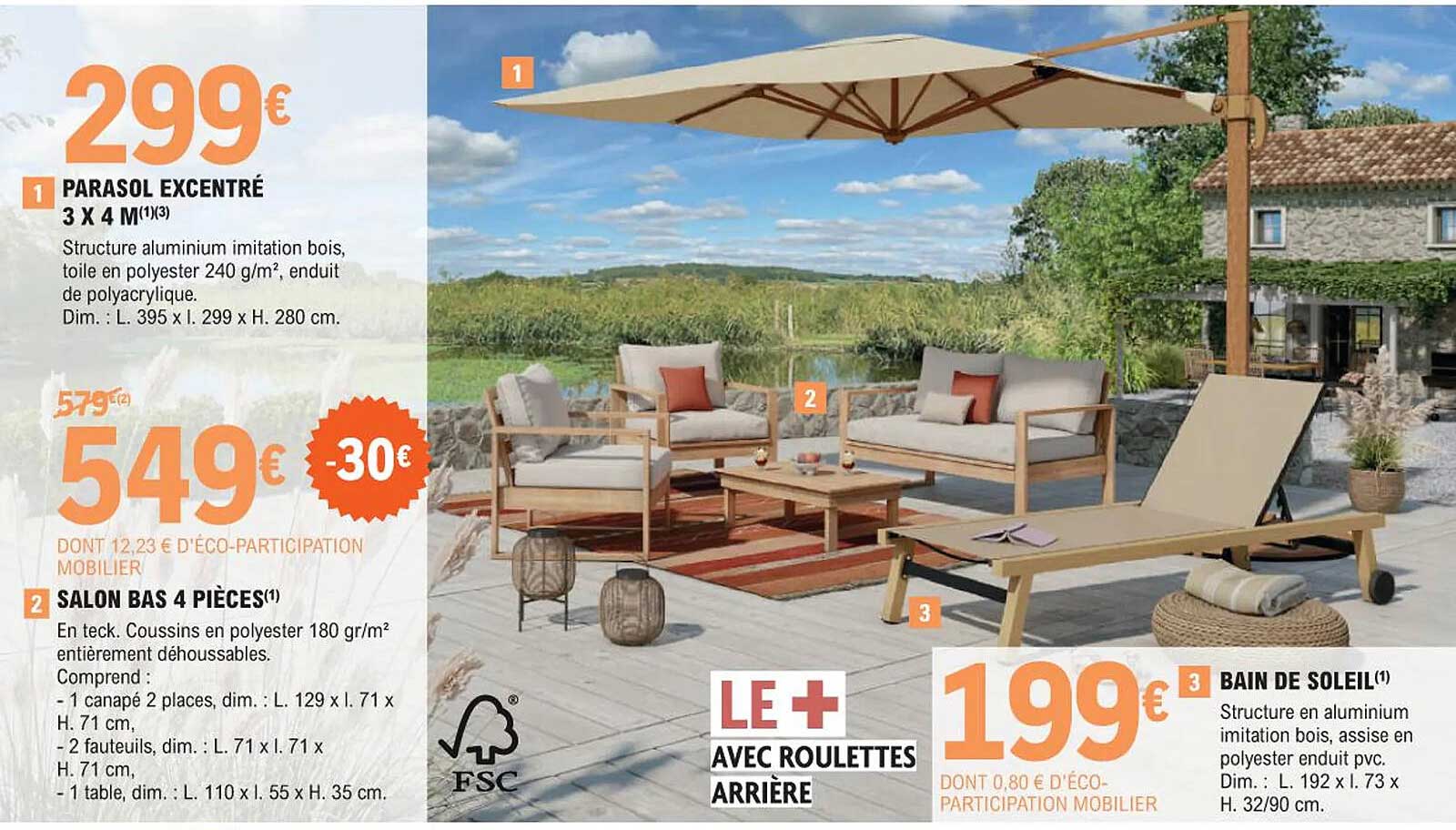 parasol excentré 3 x 4 m, salon bas 4 pièces, bain de soleil