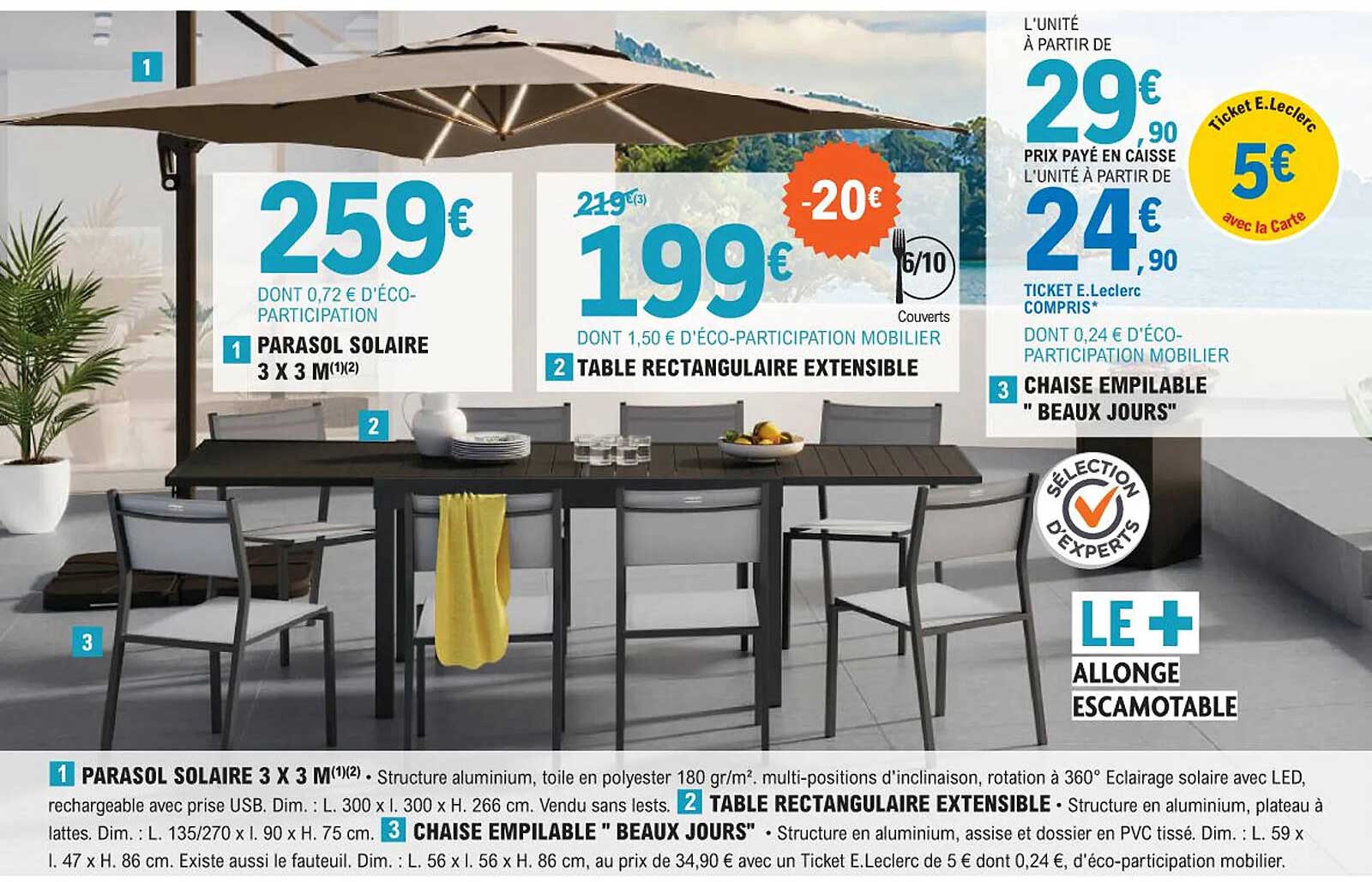 parasol solaire 3 x 3 ln table rectangulaire extensible, chaise empilable "beaux jours"