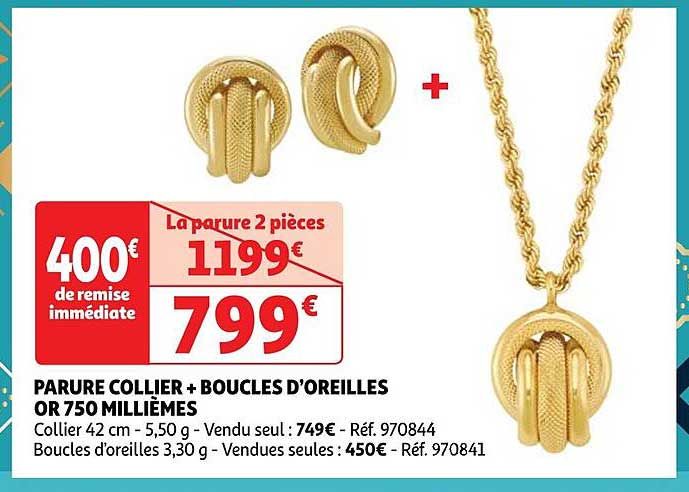 parure collier + boucles d'oreilles or 750 millièmes
