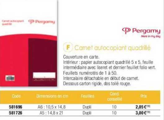 pergamy carnet autocopiant quadrillé