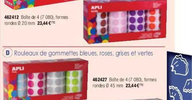 rouleaux de gommettes bleues, roses, grises et vertes