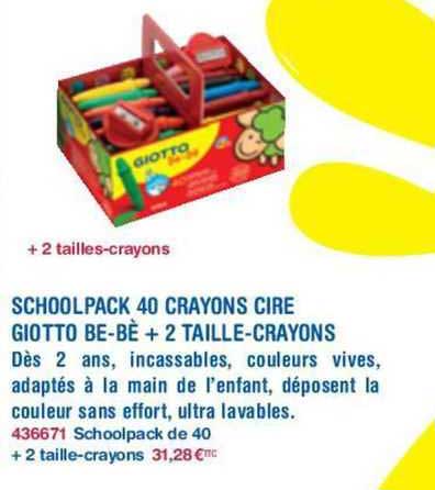 schoolpack 40 crayons cire giotto be-bè + 2 taille-crayons