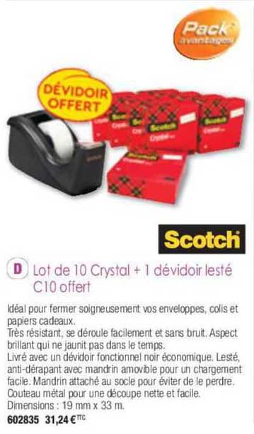 scotch lot de 10 crystal + 1 dévidoir lesté c10 offert