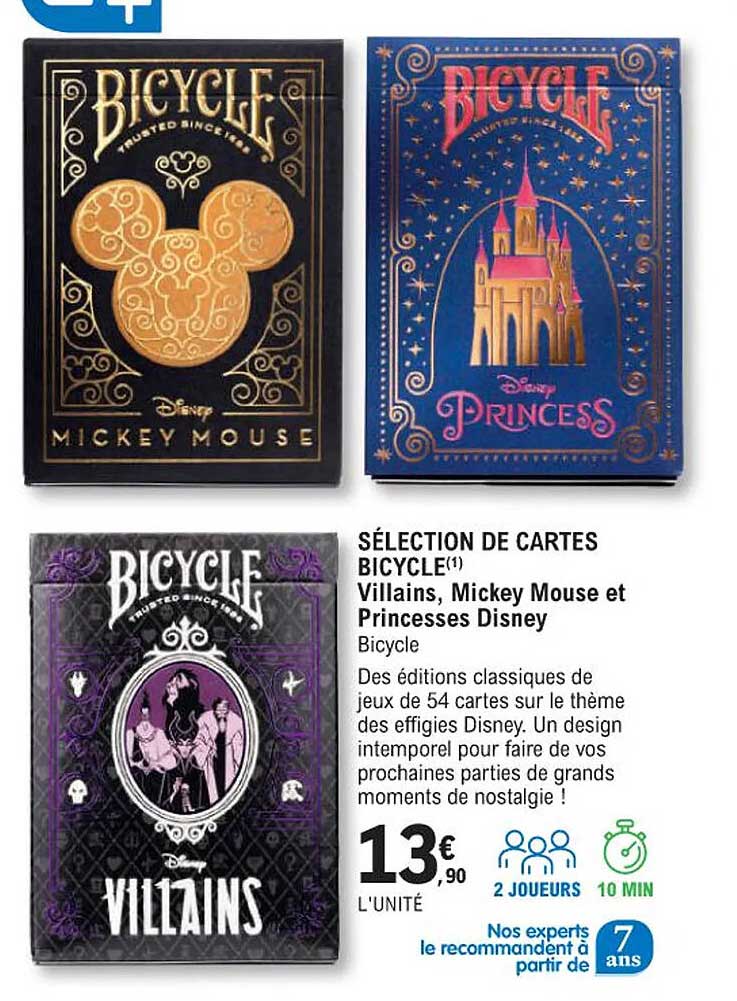 sélection de cartes bicycle - villains, mickey mouse et princesses disney
