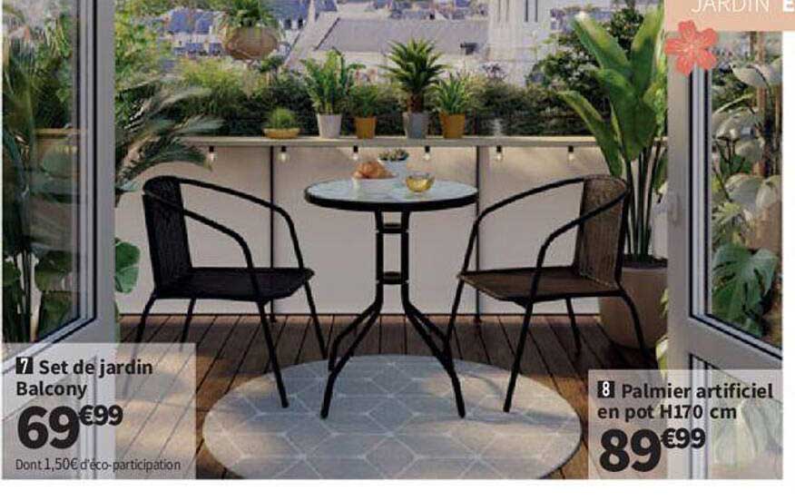 set de jardin balcony, palmier artificiel en pot h. 170 cm