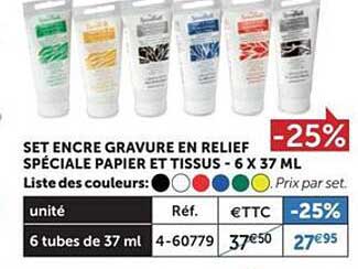 set encre gravure en relief spéciale papier et tissus - 6 x 37 ml