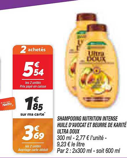 Shampooing Nutrition Intense Huile D'avocat Et Beurre De Karité Ultra Doux