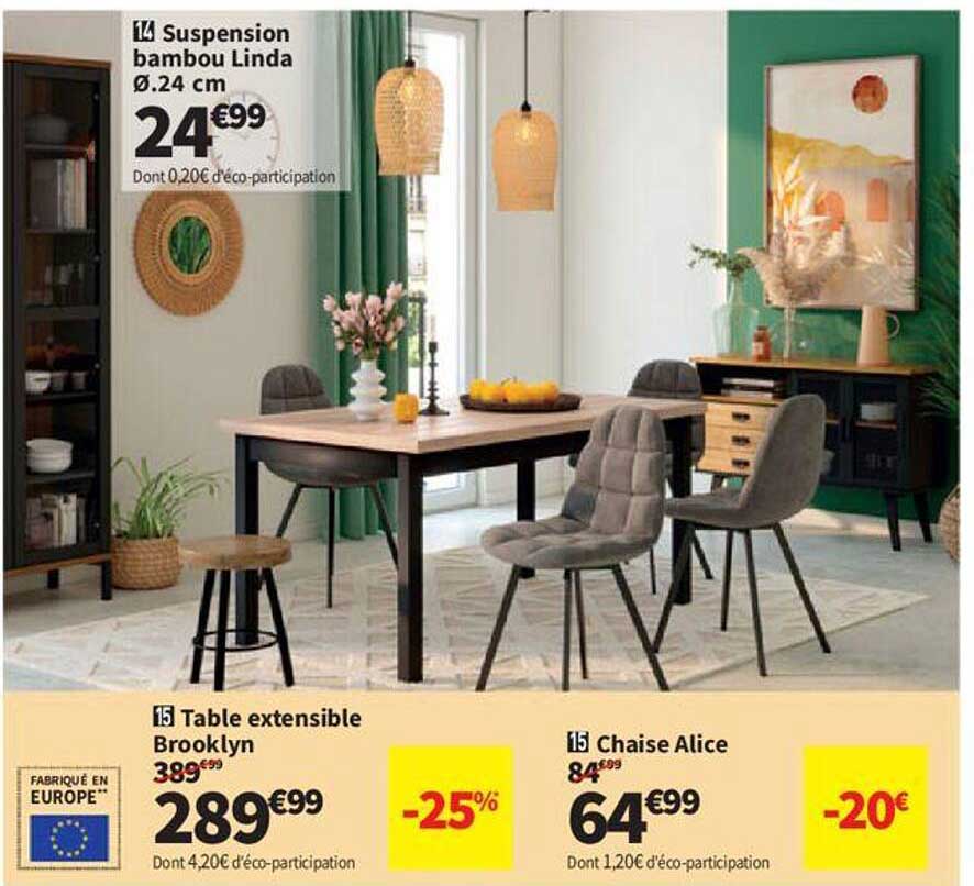 suspension bambou linda ø 24 cm, table extensible brooklyn, chaise alice