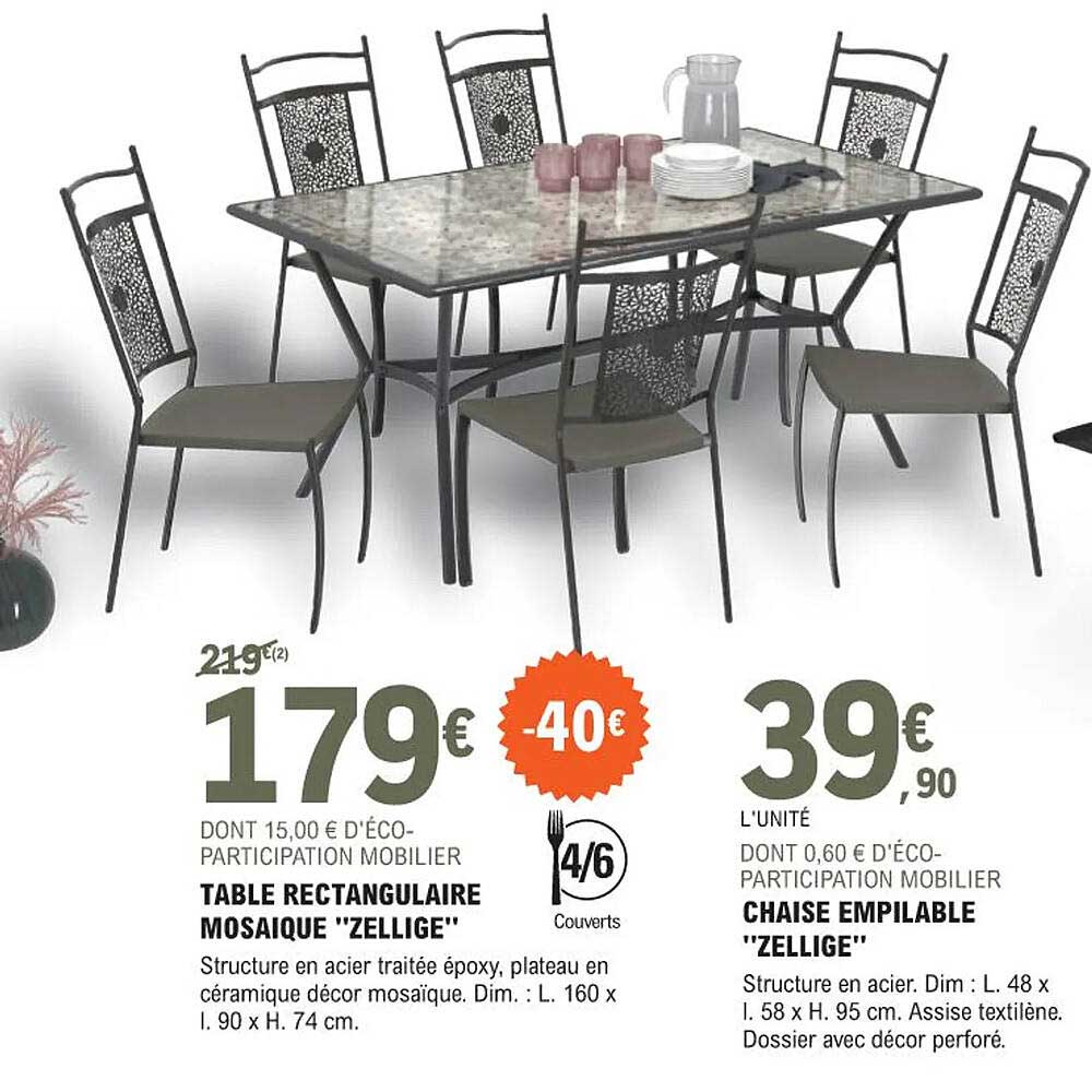 table rectangulaire mosaique "zellige", chaise empilable "zellige"