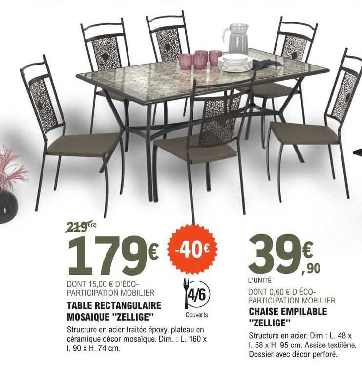 table rectangulaire mosaïque "zellige" chaise empilable "zellige"