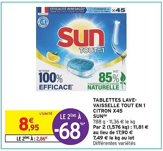 tablettes lave-vaisselle tout en 1 citron x45 sun