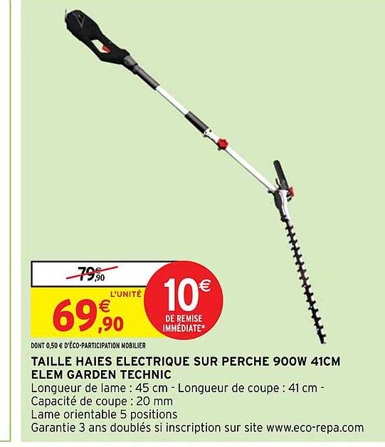 taille haies électrique sur perche 900w 41cm elem garden technic
