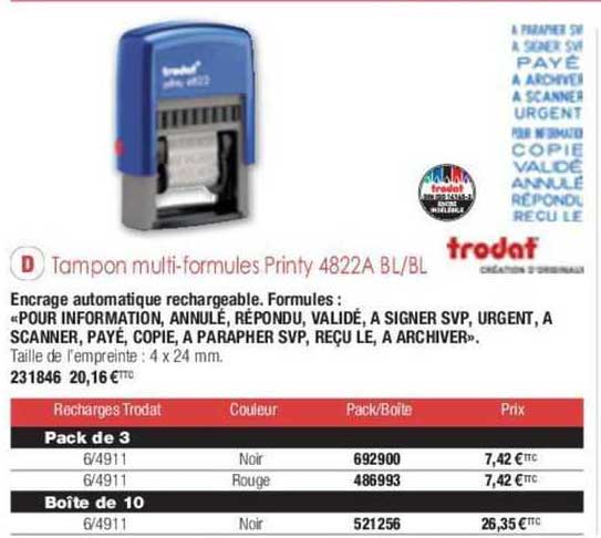 tampon multi-formules printy 4822a BL/BL trodat