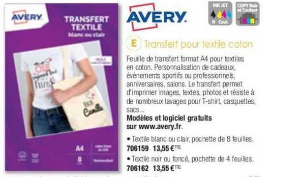 transfert pour textile coton avery