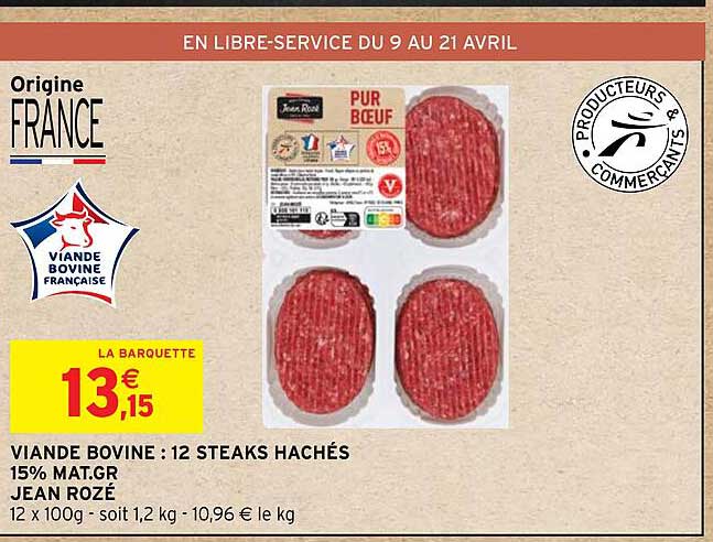 viande bovine : 12 steaks hachés 15% mat. gr jean rozé