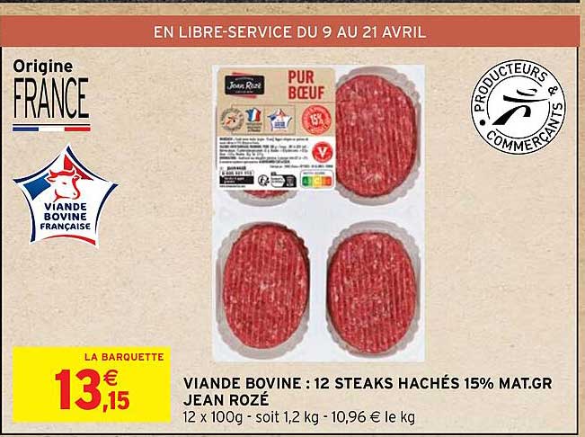 viande bovine : 12 steaks hachés 15% mat.gr jean rozé