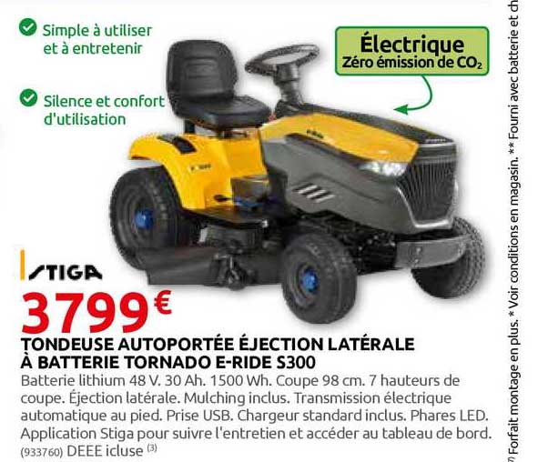 tondeuse autoportée éjection latérale à batterie tornado e-ride s300 stiga