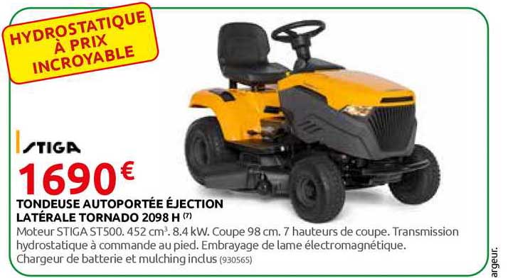 tondeuse autoportée éjection latérale tornado 2098 h stiga