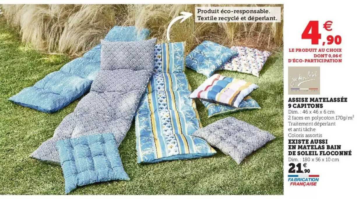 assise matelassée 9  capitons, matelas bain de soleil floconné