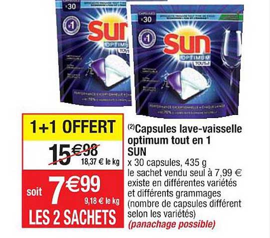 capsules lave-vaisselle optimum tout en 1 sun