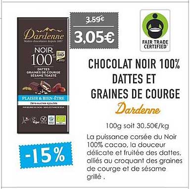Chocolat Noir 100% Dattes Et Graines De Courge Dardenne