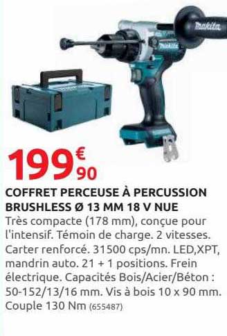 coffret perceuse à percussion brushless ø 13 mm 18 v nue makita
