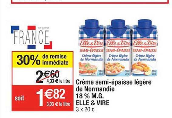 crème semi-épaisse légère de normandi 18% m.g. elle & vire