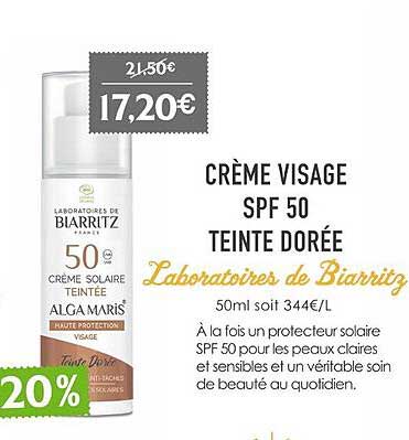 crème visage spf50 teinte dorée laboratoires de biarritz