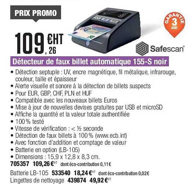 détecteur de faux billet automatique 155-s noir safescan