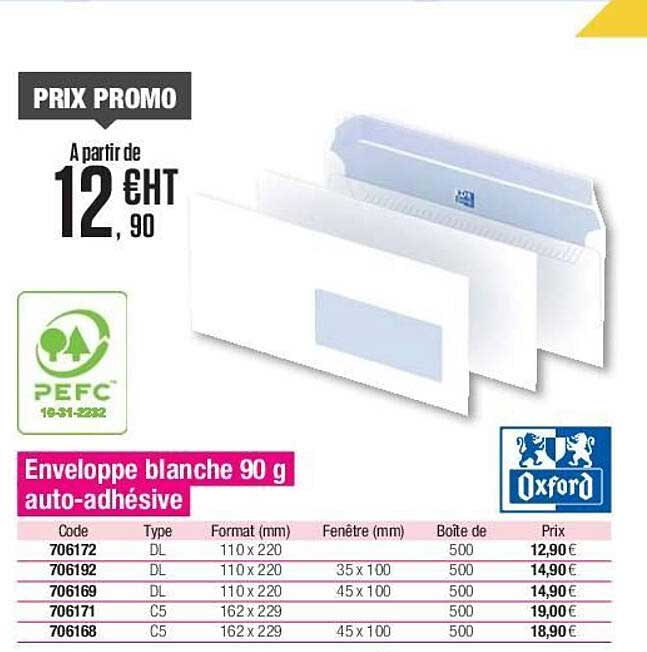 enveloppe blanche 90 g auto-adhésive oxford