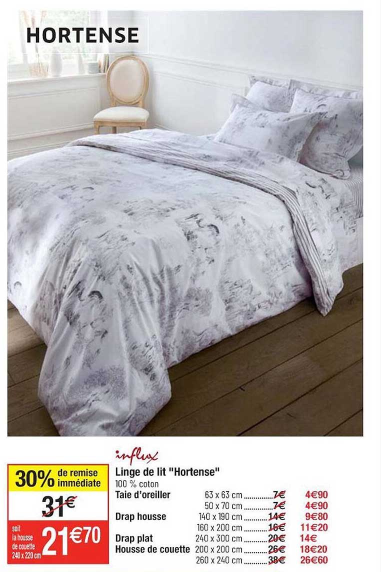 linge de lit "hortense", taie d'oreiller, drap housse, drap plat, housse de couette influx