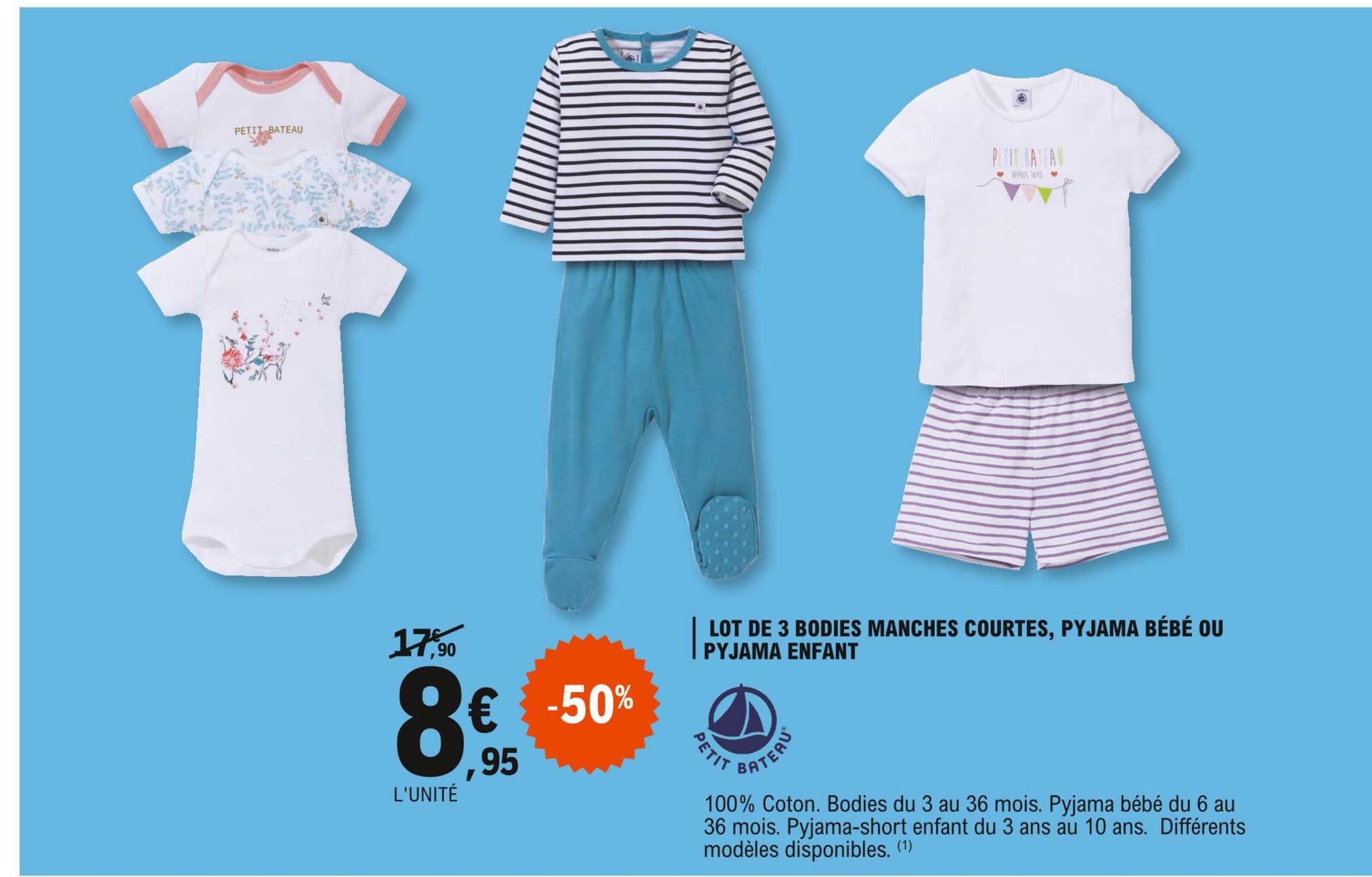 lot de 3 bodies manches courtes, pyjama bébé ou pyjama enfant petit bateau