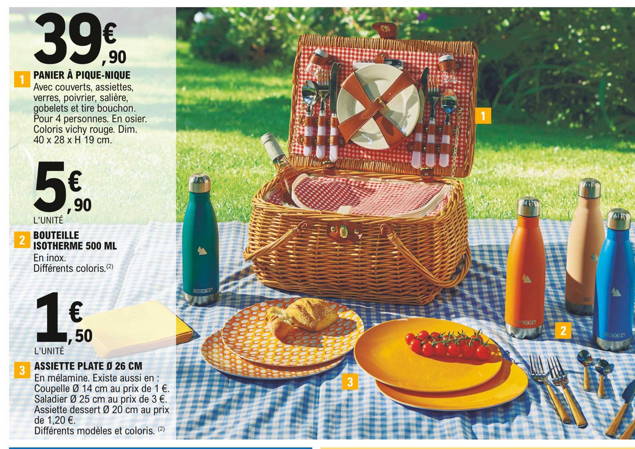 panier à pique-nique, bouteille isotherme 500 ml, assiette plate ø 26 cm