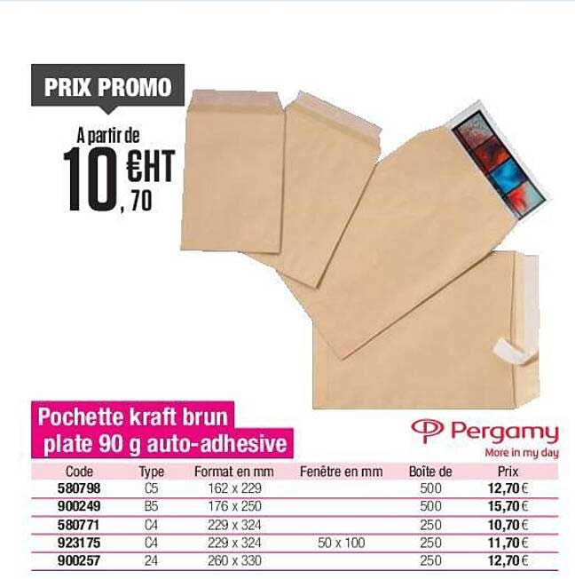 pochette kraft brun plate 90 g auto-adhesive pergamy