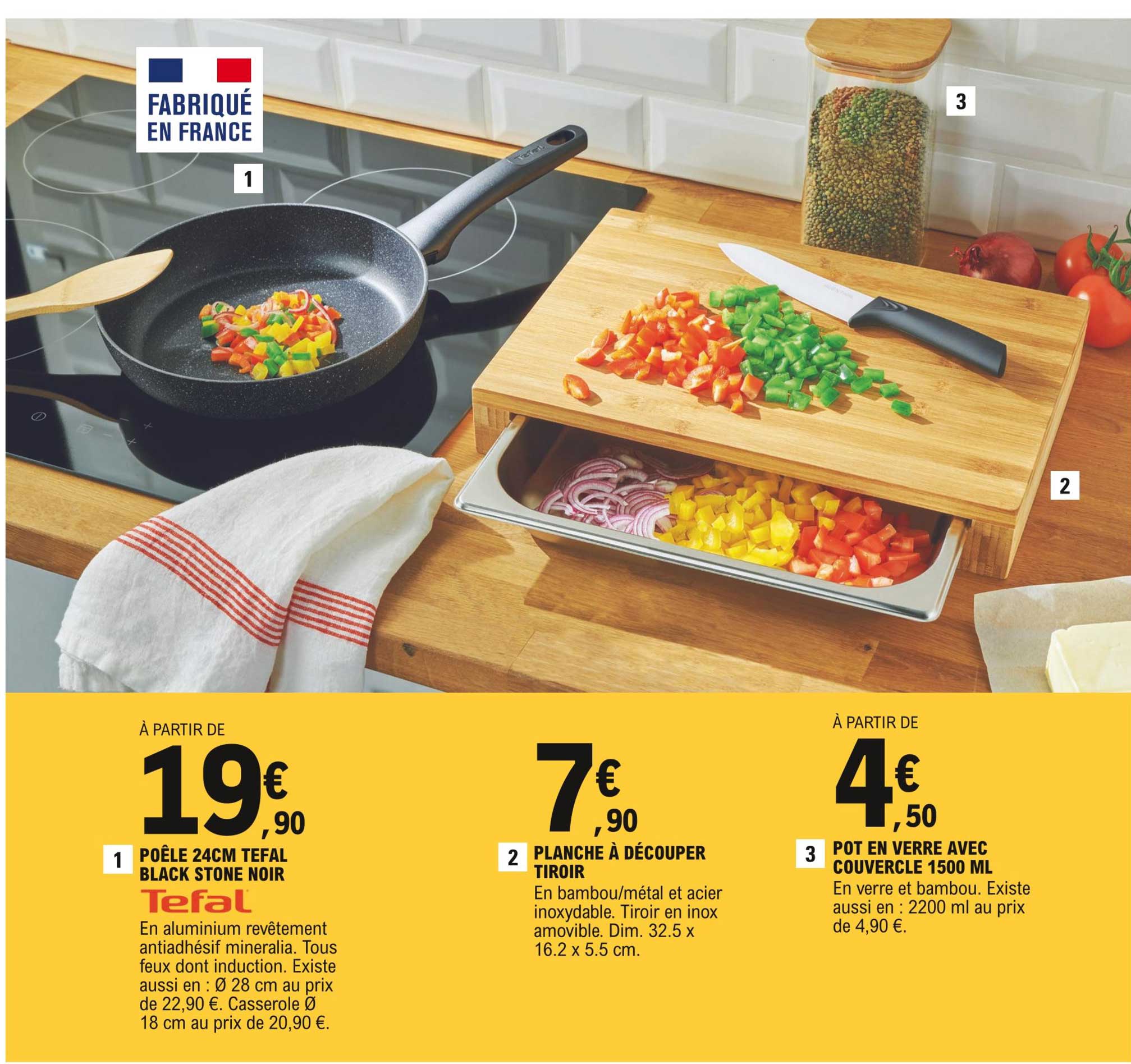 Poêle 24 Cm Tefal Black Stone Noir, Planche à Découper Tiroir, Pot En Verre Avec Couvercle 1500 Ml