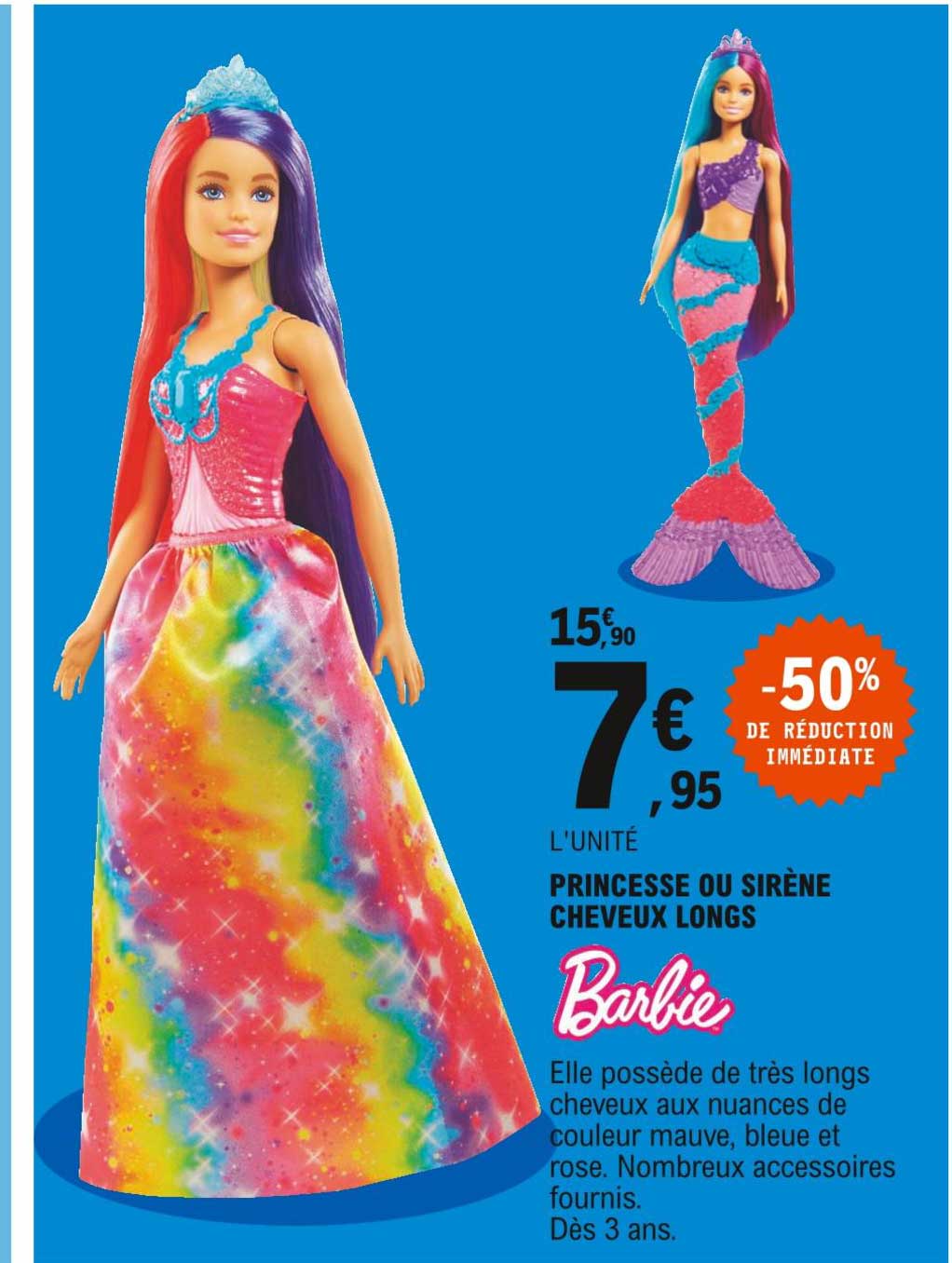 princesse ou sirène cheveux longs barbie