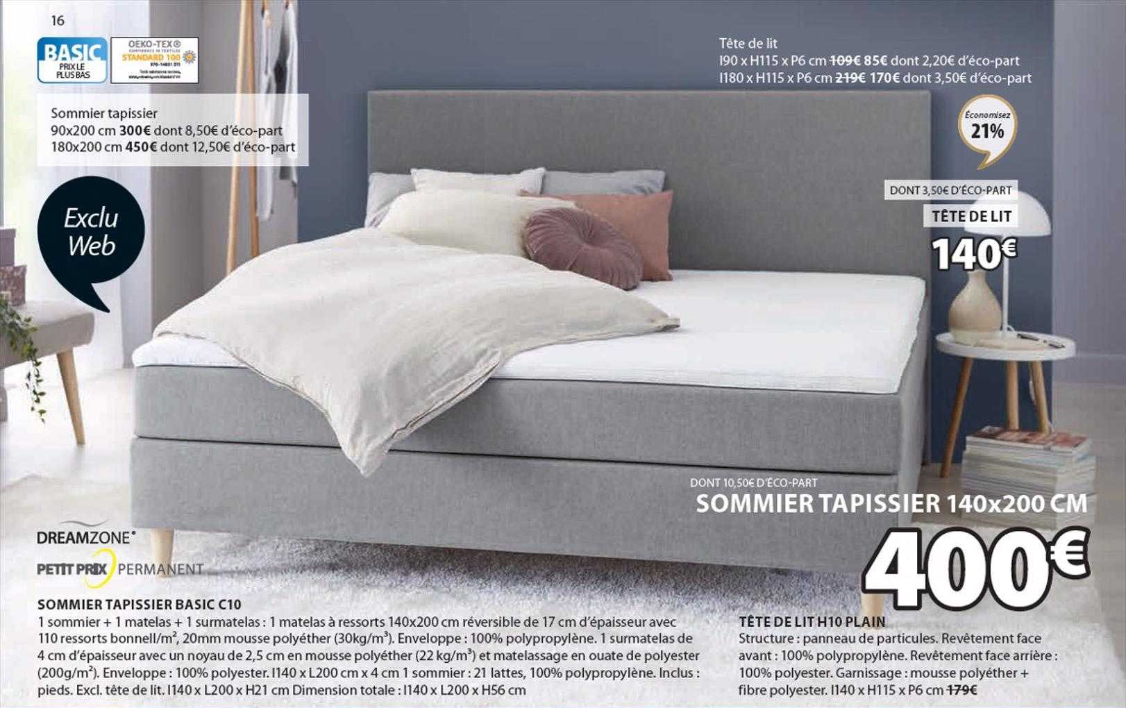 Sommier Tapissier Basic C10 Dreamzone, Tête De Lit H10 Plain