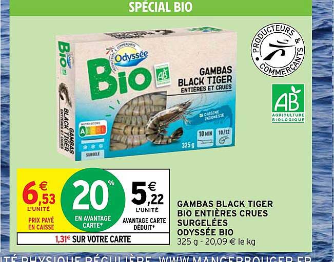 gambas black tiger bio entières crues surgelées odyssée bio