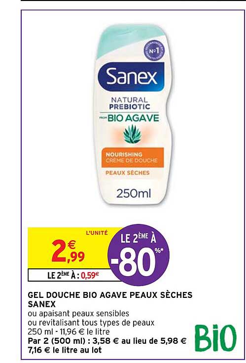 gel douche bio agave peaux sèches sanex