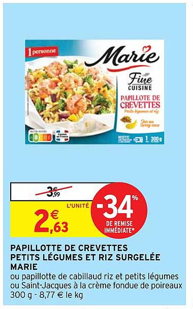 Papillotte De Crevettes Petits Légumes Et Riz Surgelée Marie