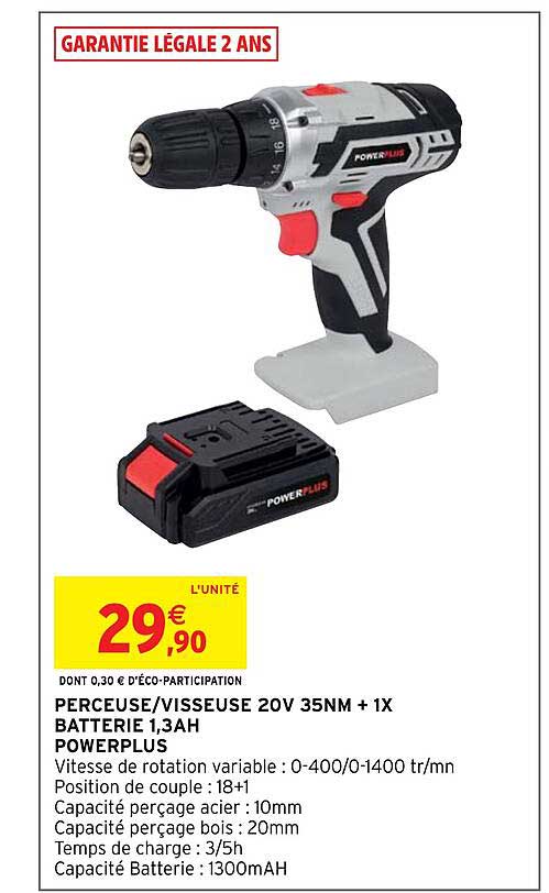 perceuse-visseuse 20v 35nm + 1x batterie 1,3Ah powerplus