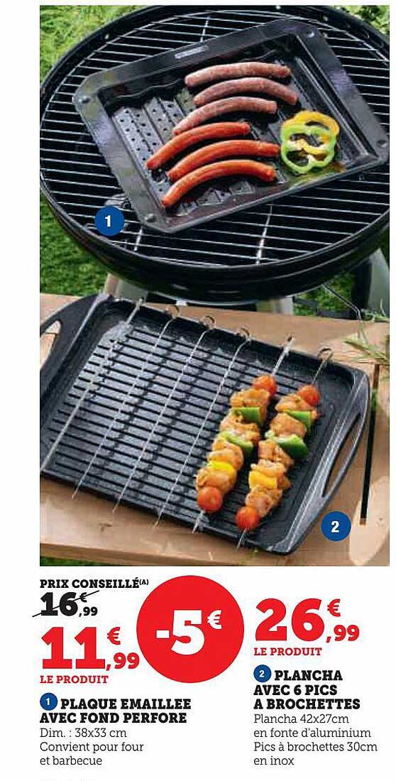 Plaque émaillée Avec Fond Perforé, Plancha Avec 6 Pics à Brochettes