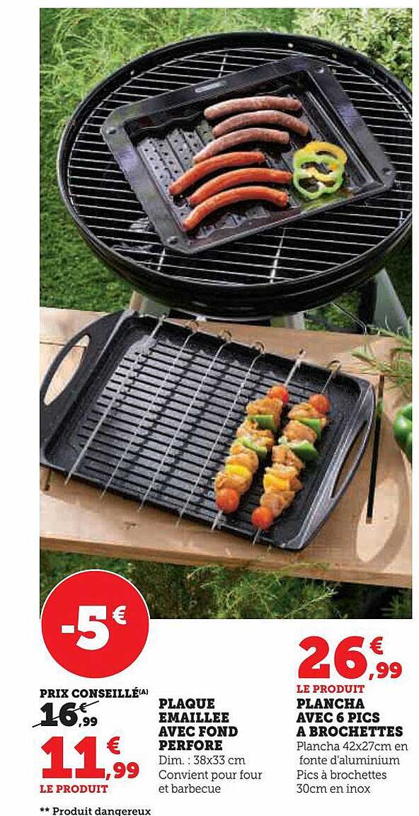 plaque émaillée avec fond perforé, plancha avec 6 pics à brochettes