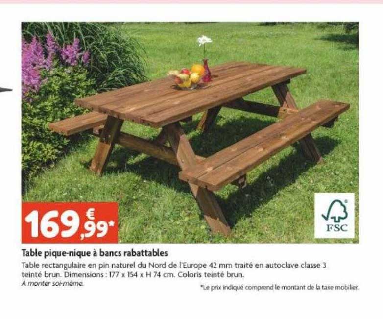 table pique-nique à bancs rabattables