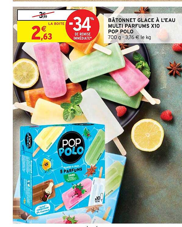 bâtonnets glace à l'eau multi parfums x 10 pop polo