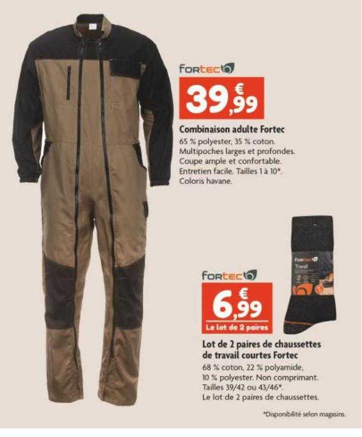 combinaison adulte fortec, lot de 2 paires de chaussettes de travail courtes fortec
