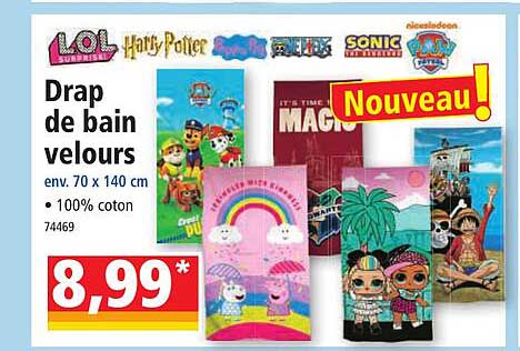 drap de bain velours lol surprise, harry potter, one piece, sonic, paw patrol