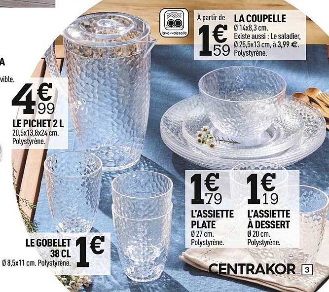 le pichet 2l, le gobelet 38cl, la coupelle, l'assiette plate, l'assiette à dessert