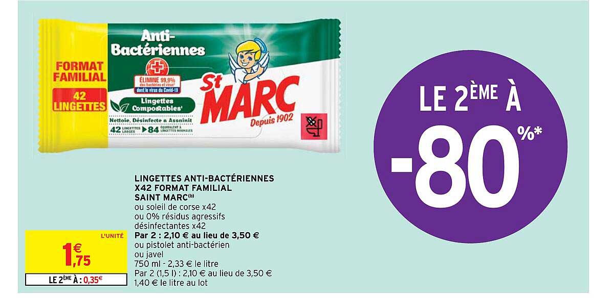 lingettes antibactériennes x 42 format familial saint marc